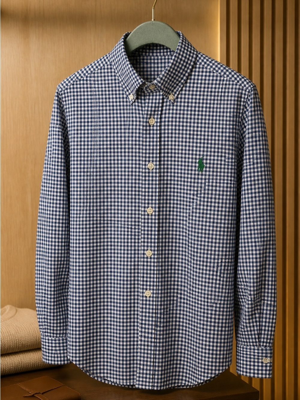Ralph Lauren Navy and White Gingham Button-Down Shirt with Green Polo Emblem